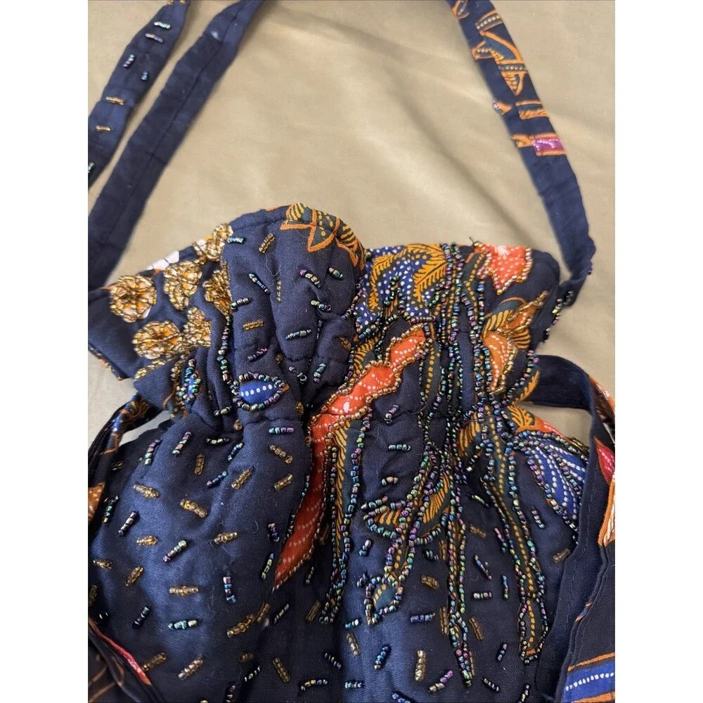 Vtg RAJA COLLECTION Bali Handmade Beaded Drawstring Bag Multi Black Crossbody